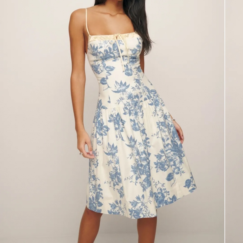 Reformation Annalise Ivory and Blue Floral Midi Dress size 10 - Picture 3 of 12